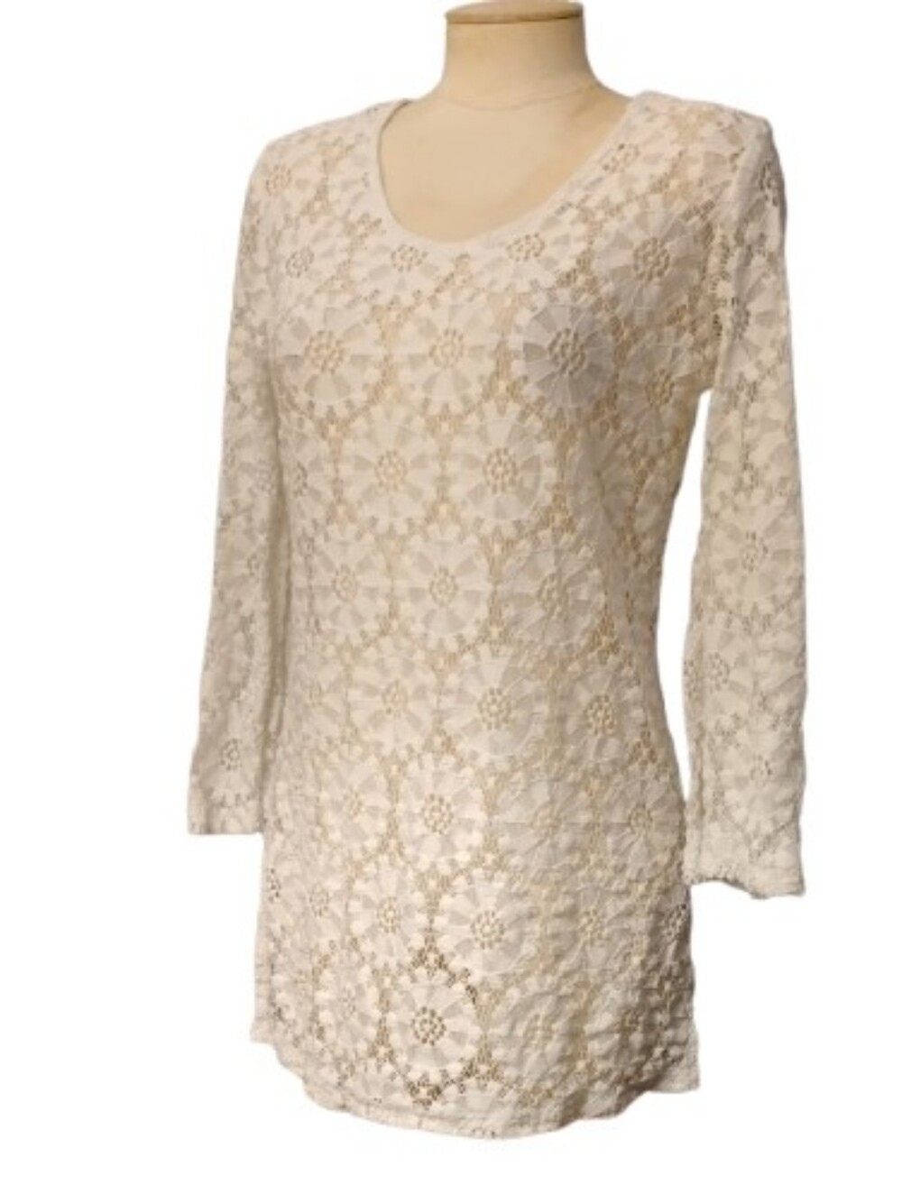 J Valdi Long  White Floral Lace Tunic Top Women M Scoop Neck 3/4 Sleeve Boho